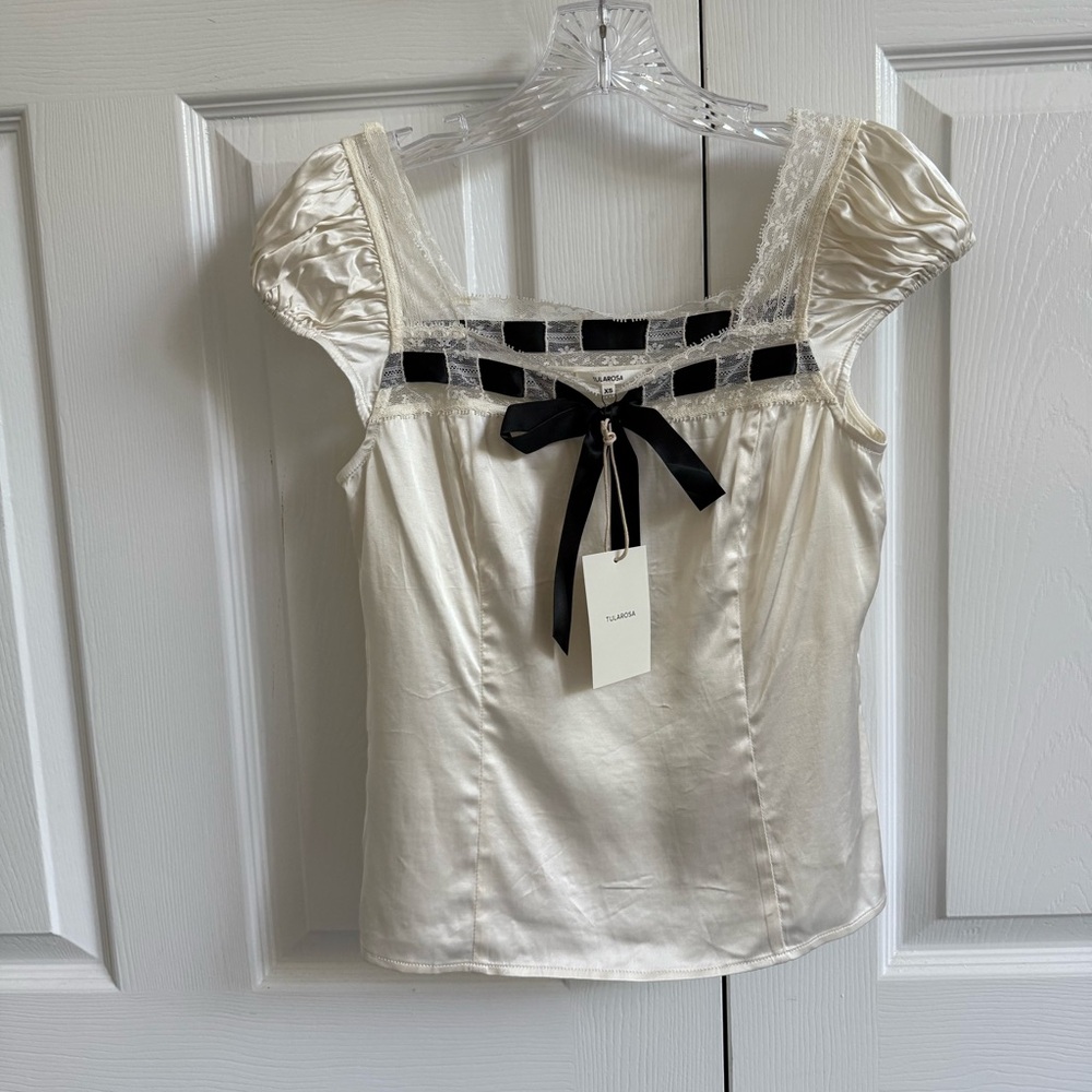 Tularosa Cream Satin Blouse with Black Bow